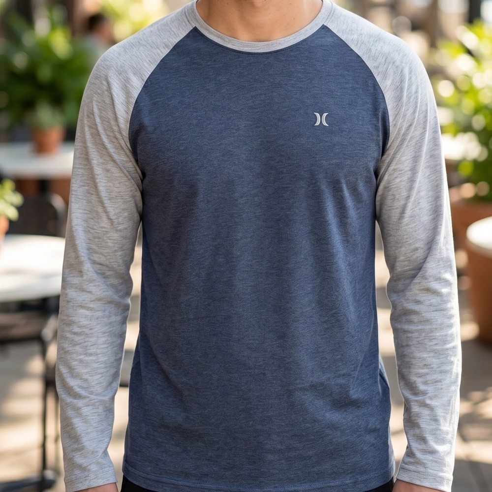 Hurley Mens Raglan Long Sleeve T-Shirt Navy Blue Heather Grey Logo Tee M 1553075